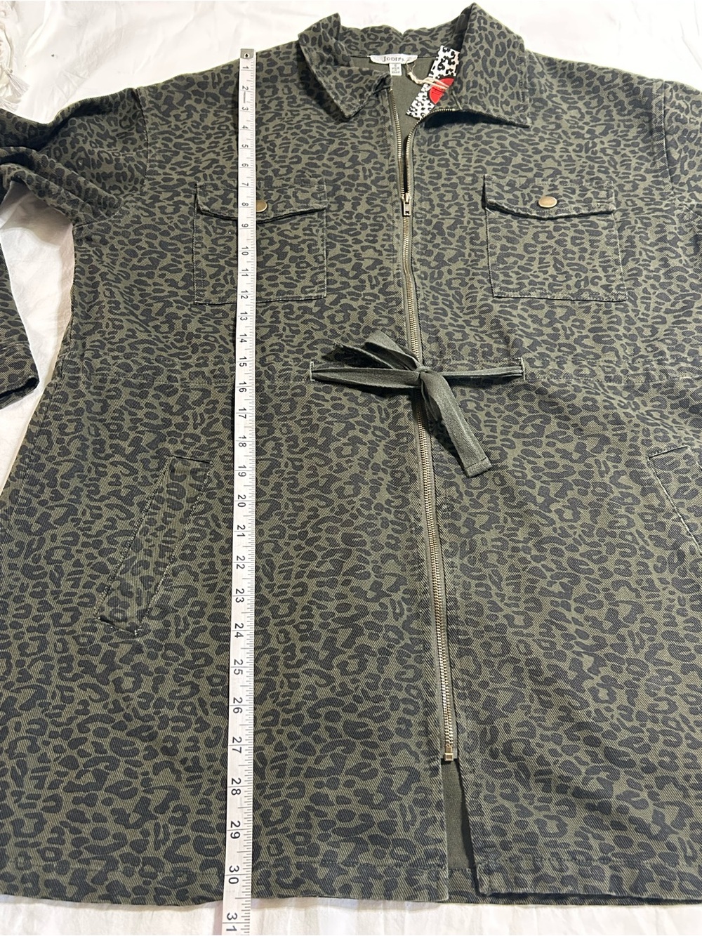 Jodifl Olive Leopard Print Utility Jacket Size S Drawstring Waist Zip Front - Picture 6 of 10